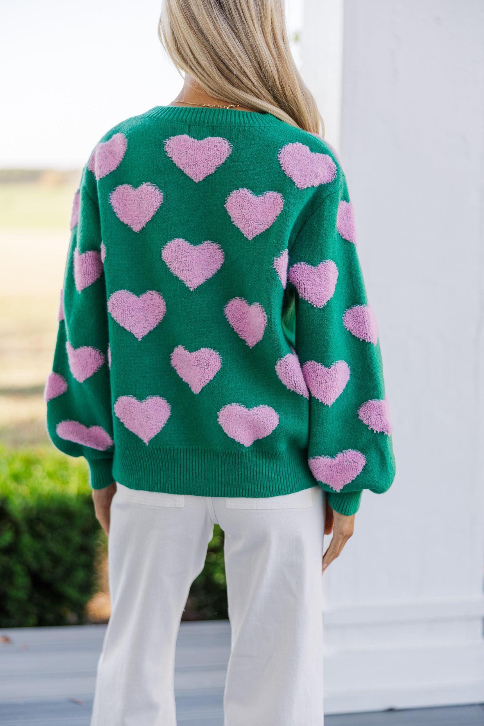 I'll Be there Green Fuzzy Heart Sweater Female Product Image