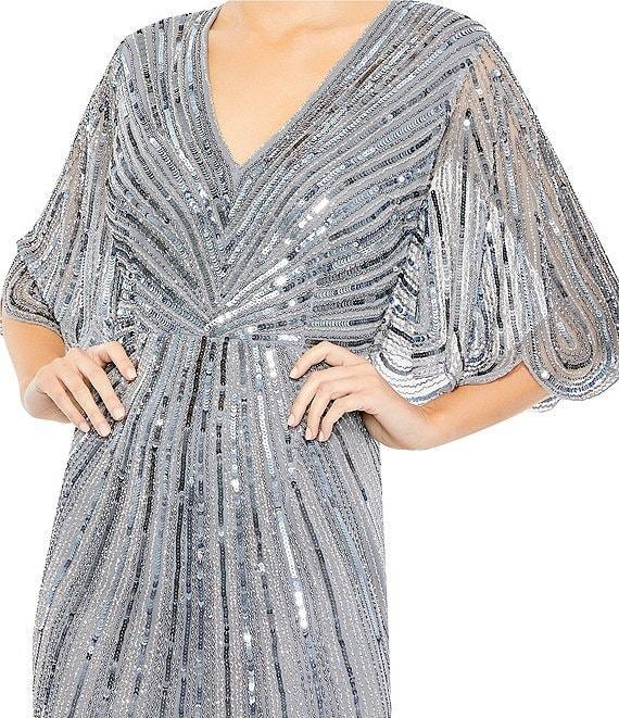 Mac Duggal Sequin Twist Waist V-Neck Flutter Short Sleeve Flutter Hem Sheath Gown Product Image
