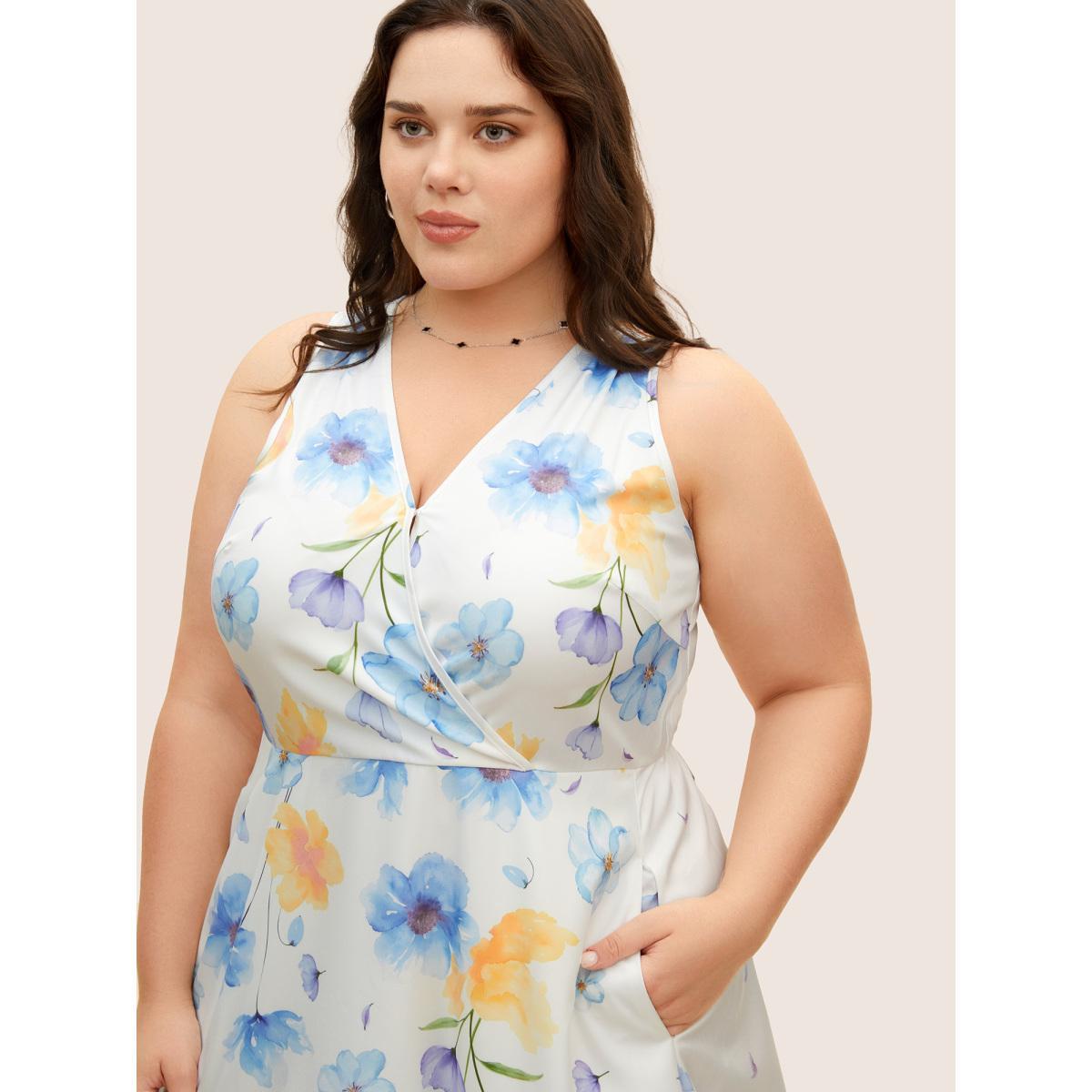 Plus Size Overlap Collar Watercolor Floral Sleeveless Dress Skyblue Women Elegant Non Overlap Collar Sleeveless Curvy BloomChic 22-24/3X Product Image