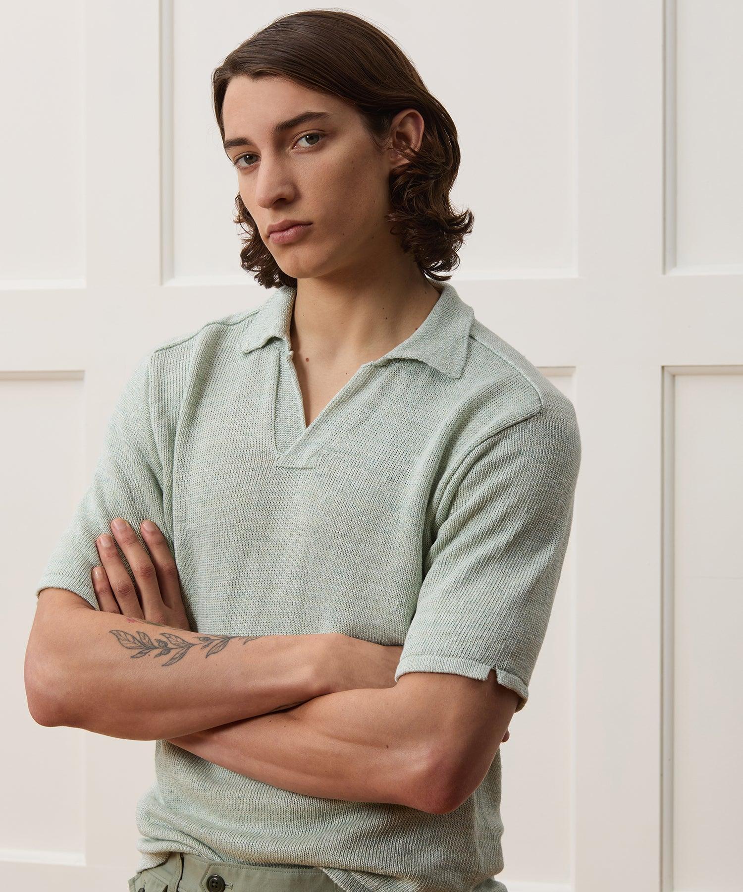 Inis Meáin Washed Linen Henley Polo in Green Marl Product Image