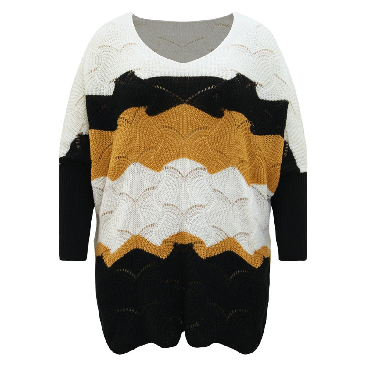 Plus Size Contrast Cut Out Batwing Sleeve Pullover Multicolor Women Casual Loose Long Sleeve V-neck Everyday Pullovers BloomChic 12/L Product Image