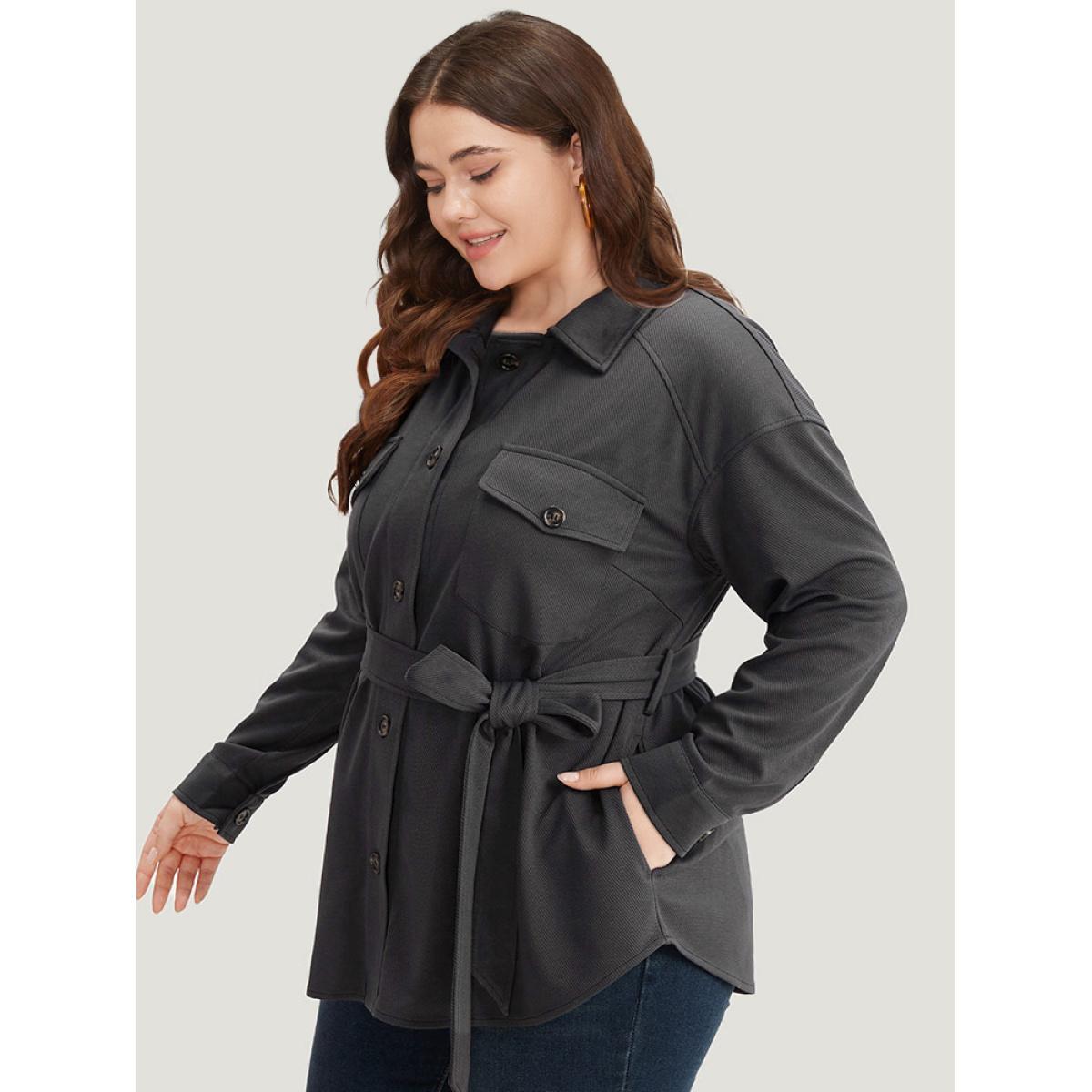 Plus Size Solid Pocket Button Through Belted Coat Women Gray Casual Plain Ladies Dailywear Winter Coats BloomChic 22-24/3X Product Image