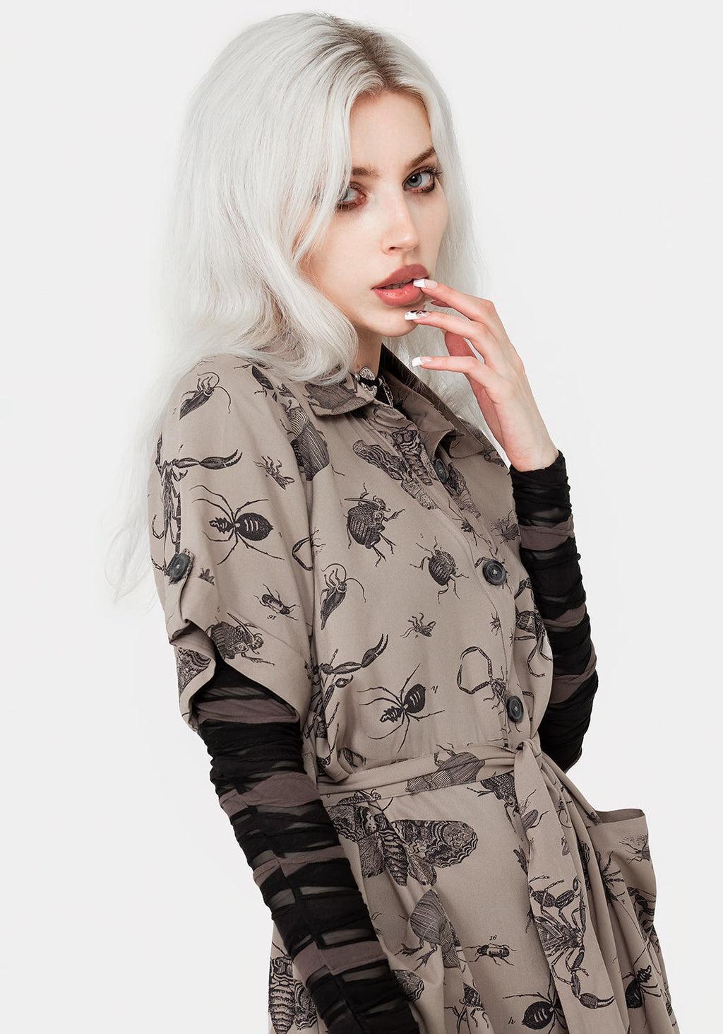 Parasite Bugs Print Mini Short Sleeve Shirt Dress - Taupe Product Image