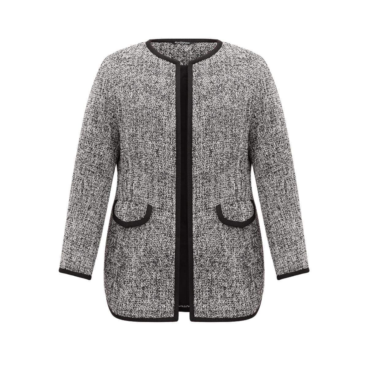 Plus Size Tweed Flap Pocket Open Front Contrast Trim Blazer Black Women Dailywear Plain Texture Sleeve Long Sleeve Open Front 22-24/3X Pocket Casual Blazers BloomChic Product Image