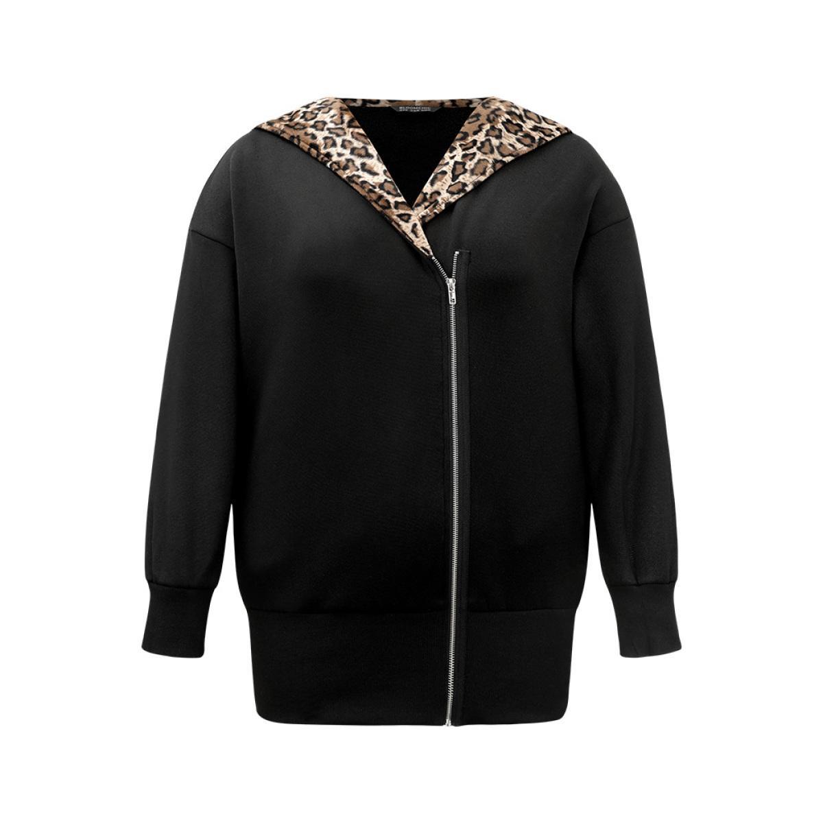 Plus Size Leopard Patchwork Zipper Hooded Jacket Women Black Contrast Pocket Dailywear Jackets BloomChic 18-20/2X Product Image