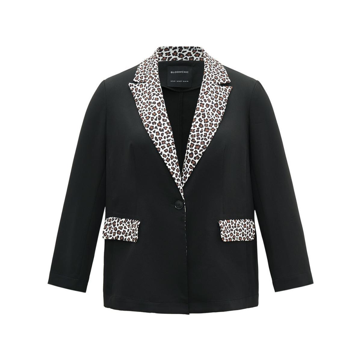 Plus Size Leopard Patchwork Contrast Blazer Black Women Work Leopard Contrast Sleeve Long Sleeve Suit Collar 26/4X Pocket At the Office Blazers BloomChic Product Image