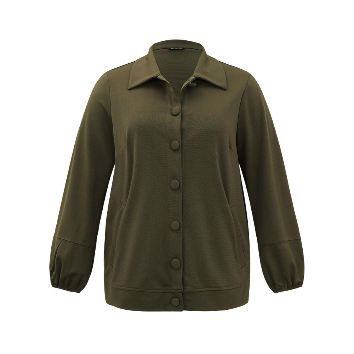 Plus Size Plain Slant Pocket Button Up Elastic Cuffs Jacket Women ArmyGreen Elastic cuffs Pocket Everyday Jackets BloomChic 14-16/1X Product Image