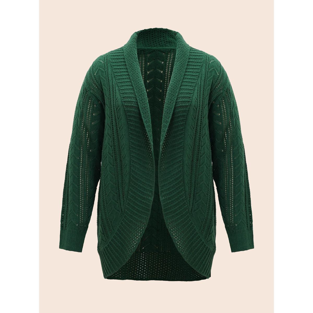 Plus Size Kimono Collar Cable Knit Arc Hem Cardigan DarkGreen Women Casual Loose Long Sleeve Everyday Cardigans BloomChic 30/6X Product Image