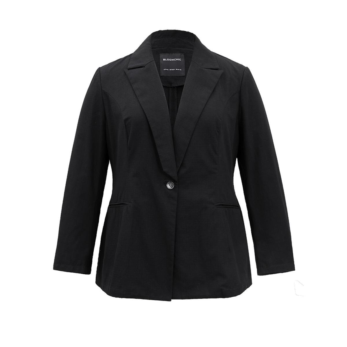 Plus Size Plain Gathered Suit Collar Button Fly Blazer Black Women Dailywear Plain Plain Sleeve Long Sleeve Suit Collar 26/4X Casual Blazers BloomChic Product Image