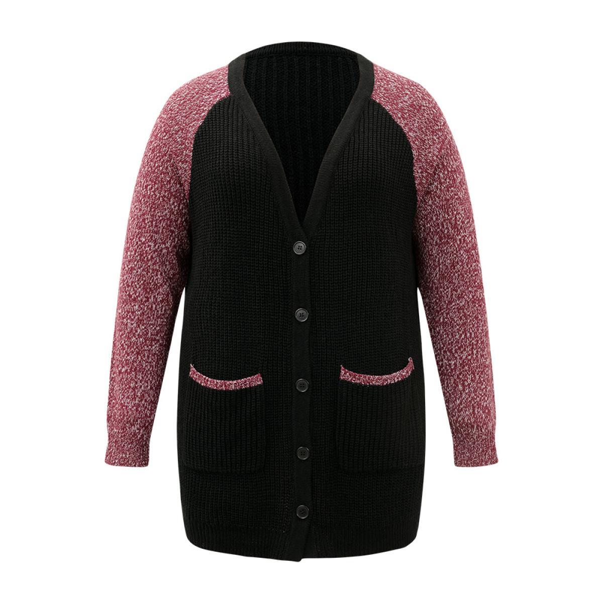 Plus Size Heather Patchwork Raglan Sleeve Pocket Cardigan Black Women Casual Loose Long Sleeve Dailywear Cardigans BloomChic 30/6X Product Image