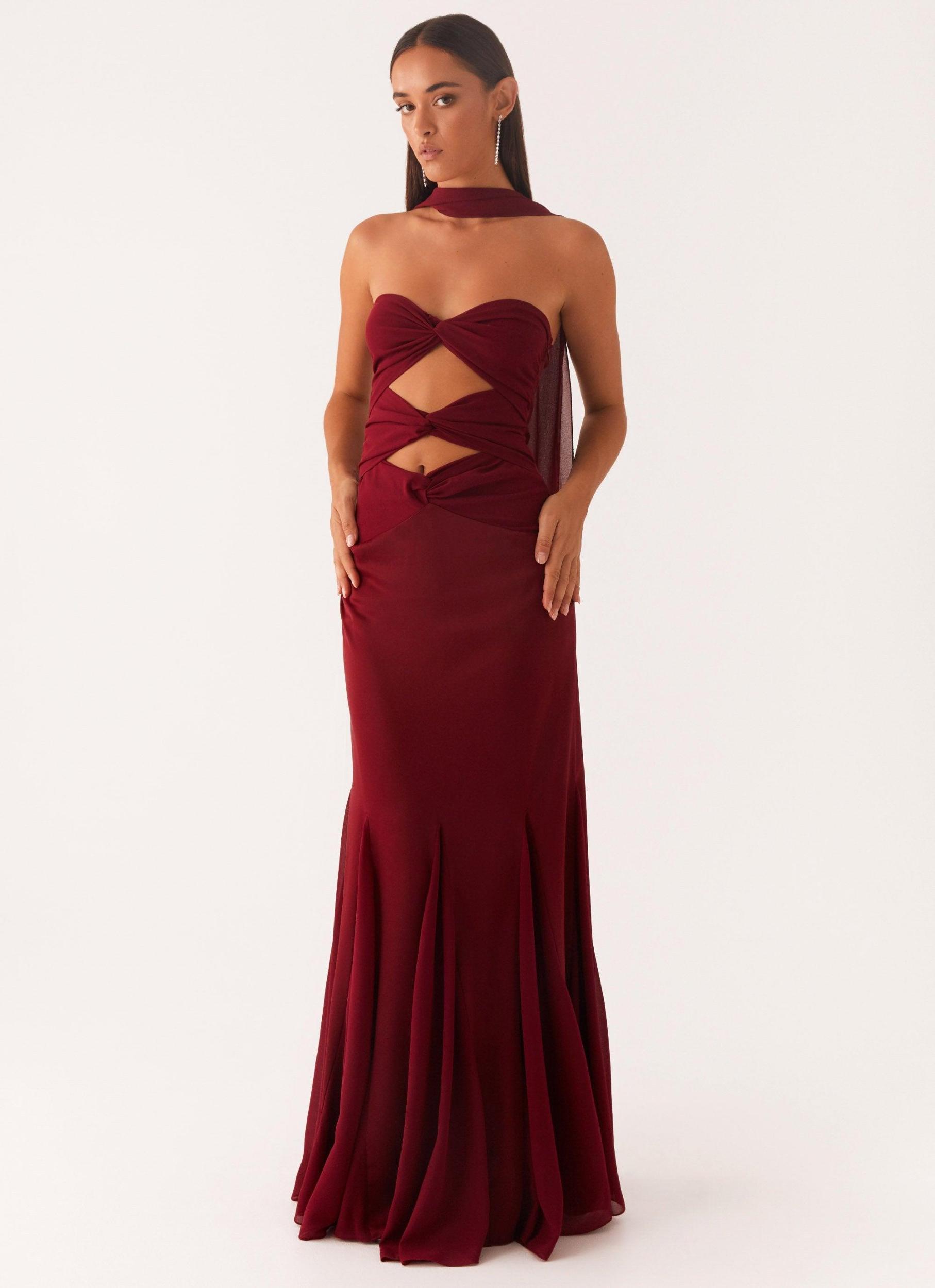 Melrose Satin Chiffon Maxi Dress - Deep Red Product Image