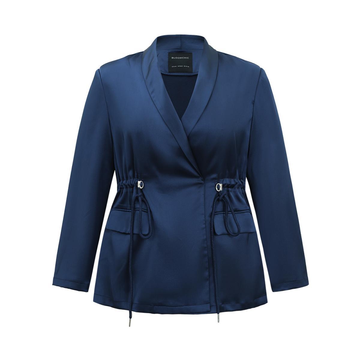 Plus Size Suit Collar Flap Pocket Drawstring Ties Blazer DarkBlue Women Work Plain Plain Sleeve Long Sleeve Suit Collar 12/L Pocket Work From Home Blazers BloomChic Product Image