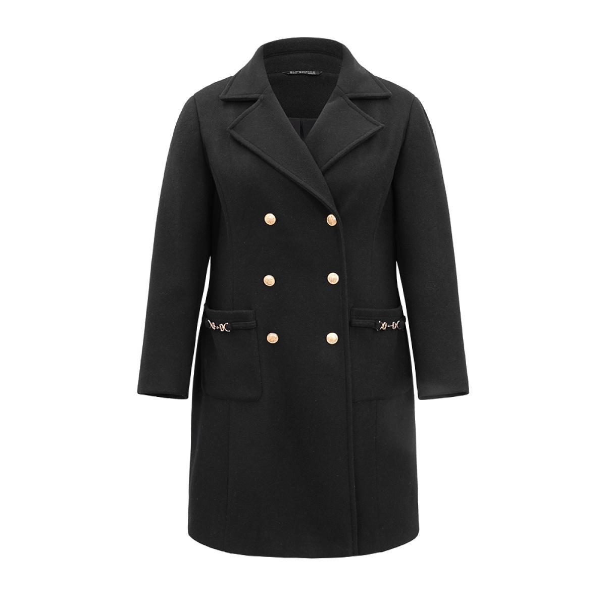 Plus Size Lapel Collar Pocket Chain Buckle Detail Coat Women Black Casual Lined Ladies Dailywear Winter Coats BloomChic 22-24/3X Product Image