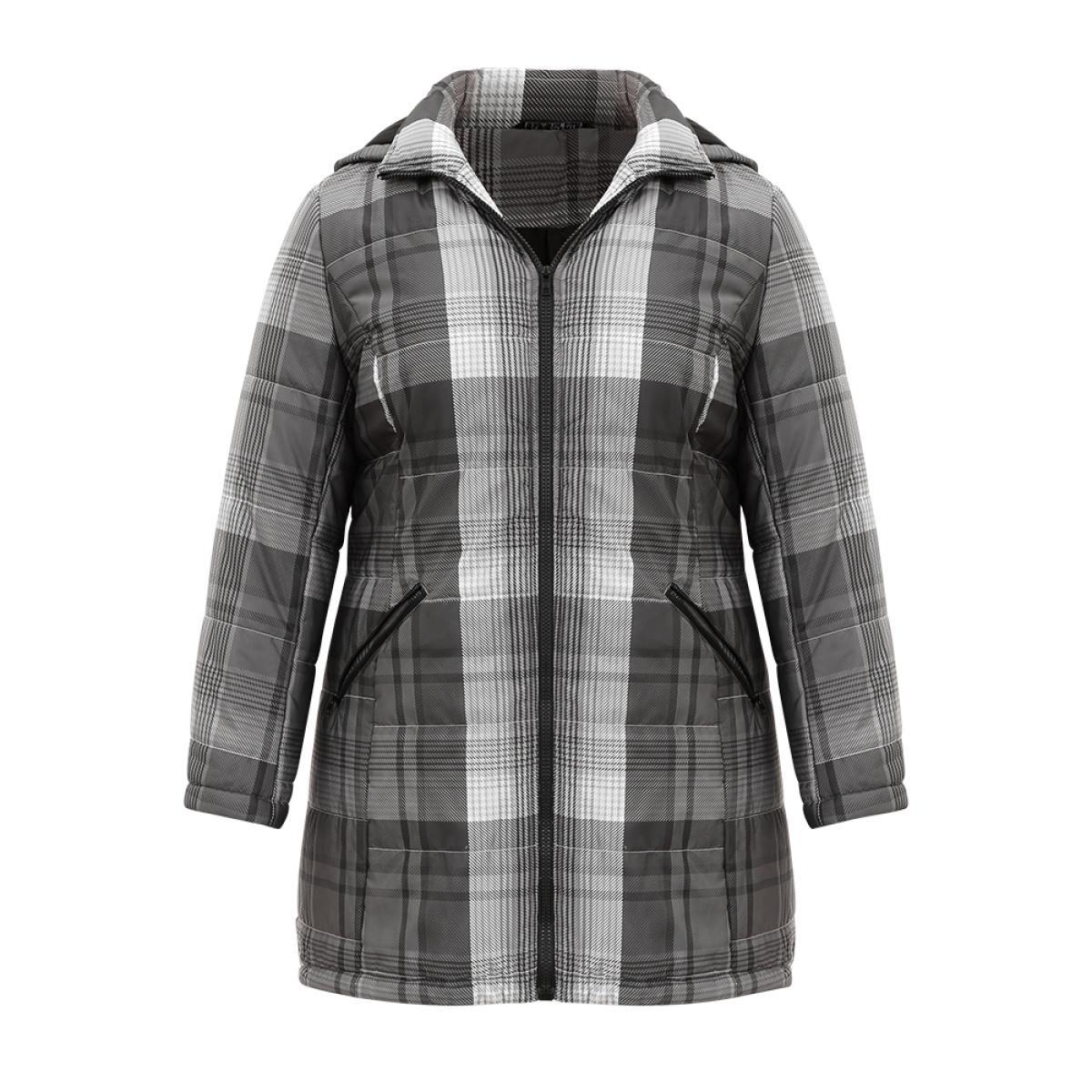 Plus Size Plaid Contrast Zipper Hooded Coat Women DimGray Casual Lined Ladies Dailywear Winter Coats BloomChic 14-16/1X Product Image