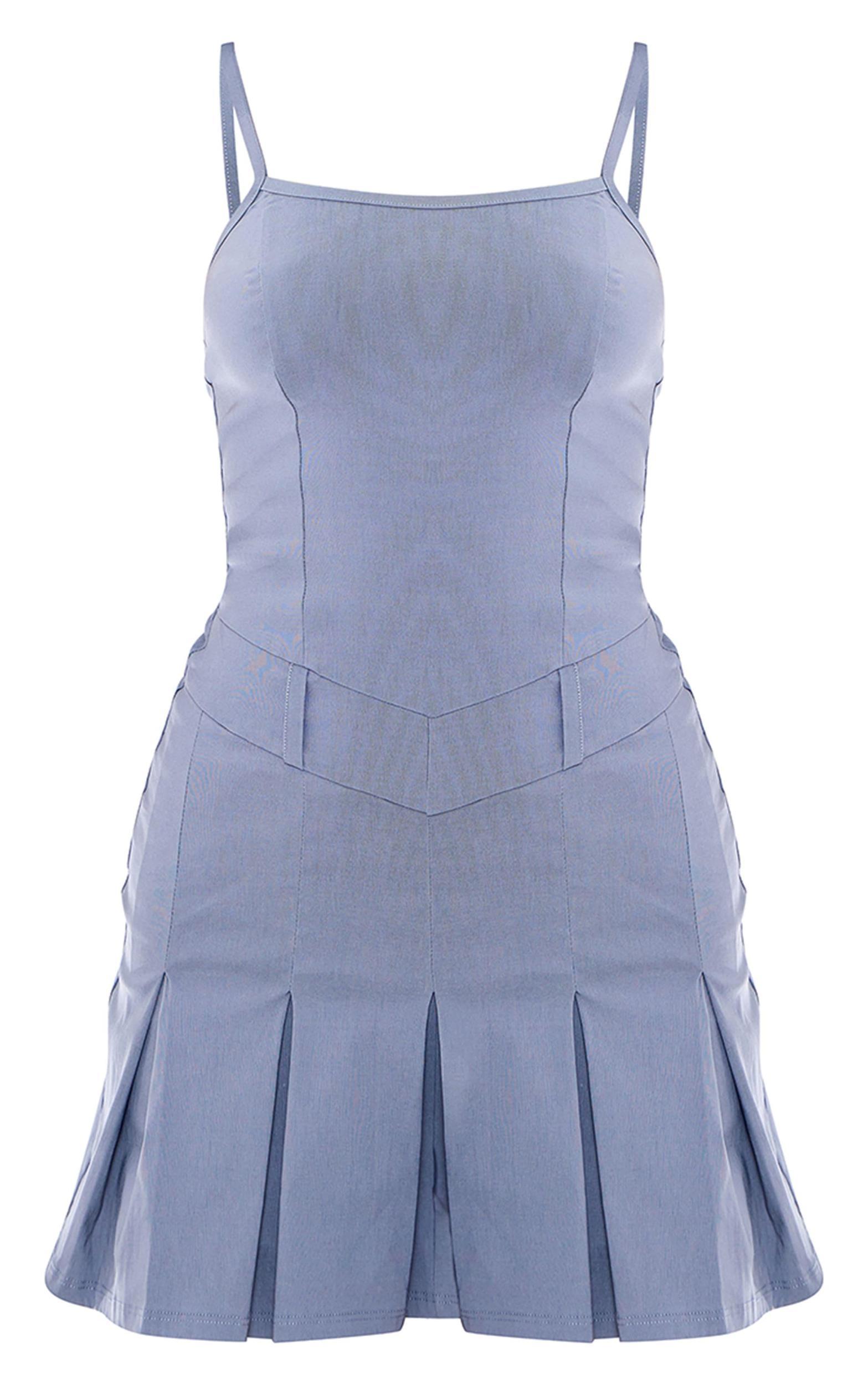 Charcoal Stretch Woven Pleated Strappy Shift Dress Product Image
