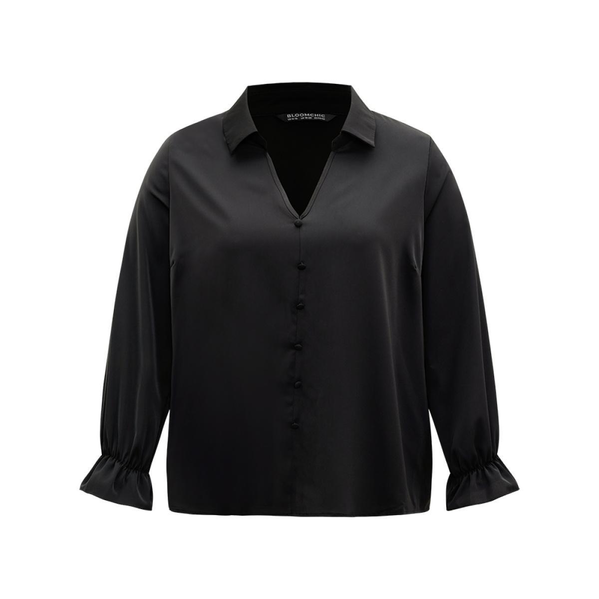 Plus Size Black Static-Free Solid Button Detail Frill Trim Blouse Women Office Long Sleeve Shirt collar Work Blouses BloomChic 26/4X Product Image