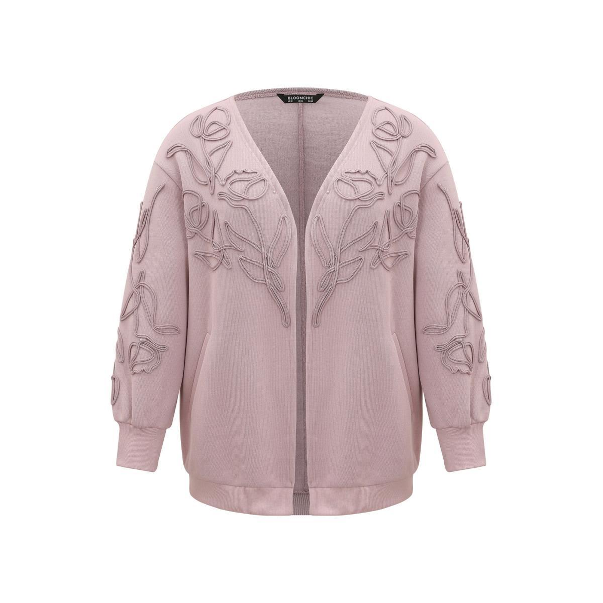 Plus Size Stereo Flower Design Rib Knit Jacket Women Rouge Texture Pocket Everyday Jackets BloomChic 10/M Product Image