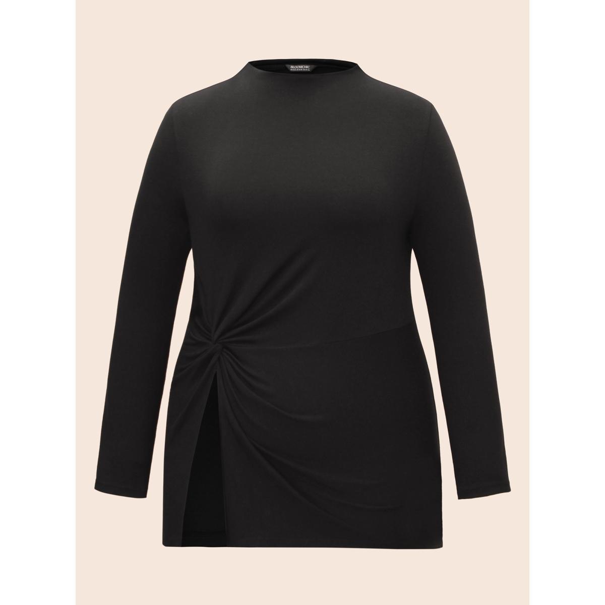 Plus Size Supersoft Essentials Twist Front Split Hem T-shirt Black Women Casual Tie knot Mock Neck Skinny Everyday T-shirts BloomChic 10/M Product Image
