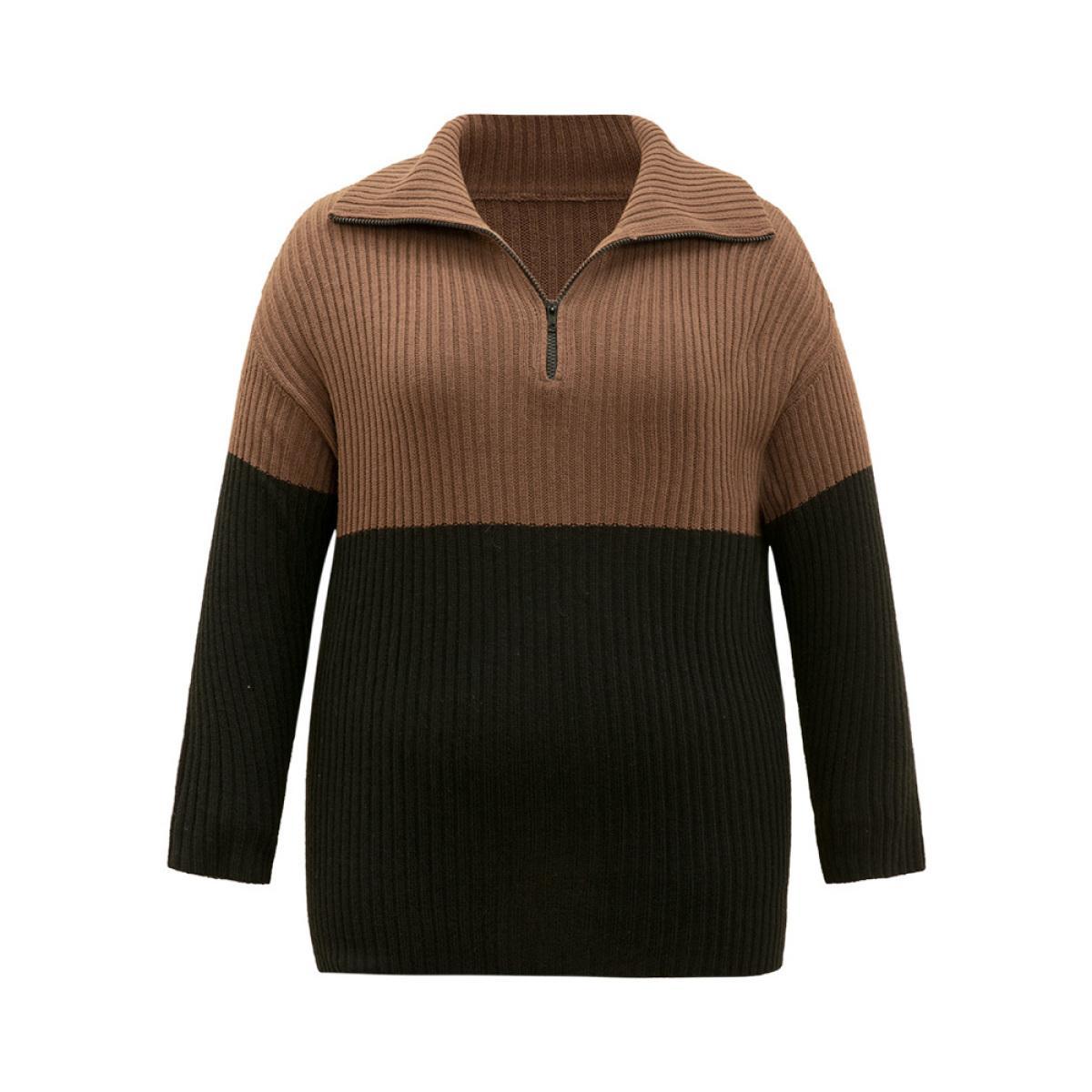 Plus Size Colorblock Contrast Half Zip Lapel Collar Pullover Black Women Casual Loose Long Sleeve Lapel Collar Dailywear Pullovers BloomChic 10/M Product Image