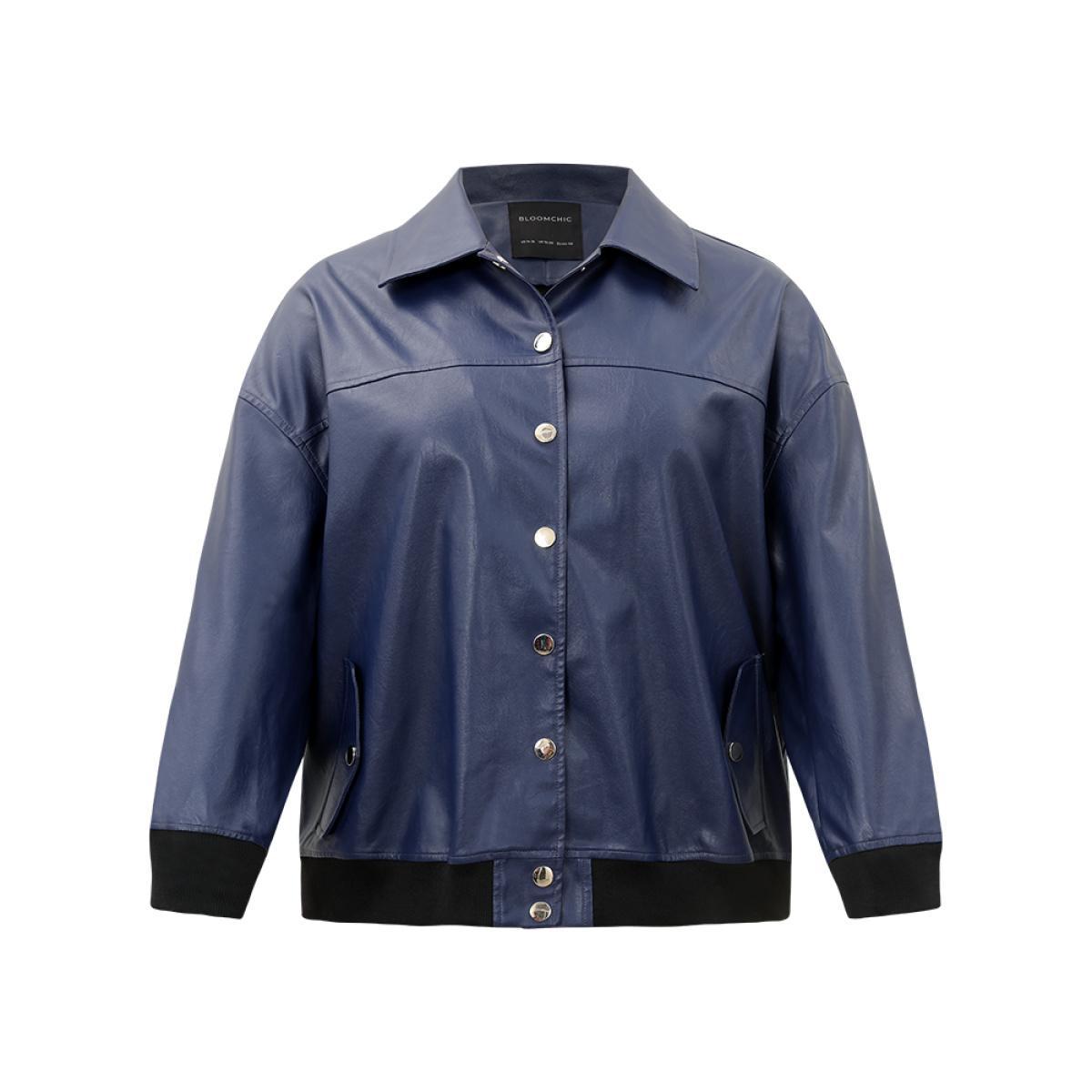 Plus Size PU Patchwork Pocket Button Through Jacket Women Indigo Elastic cuffs Dailywear Jackets BloomChic 10/M Product Image