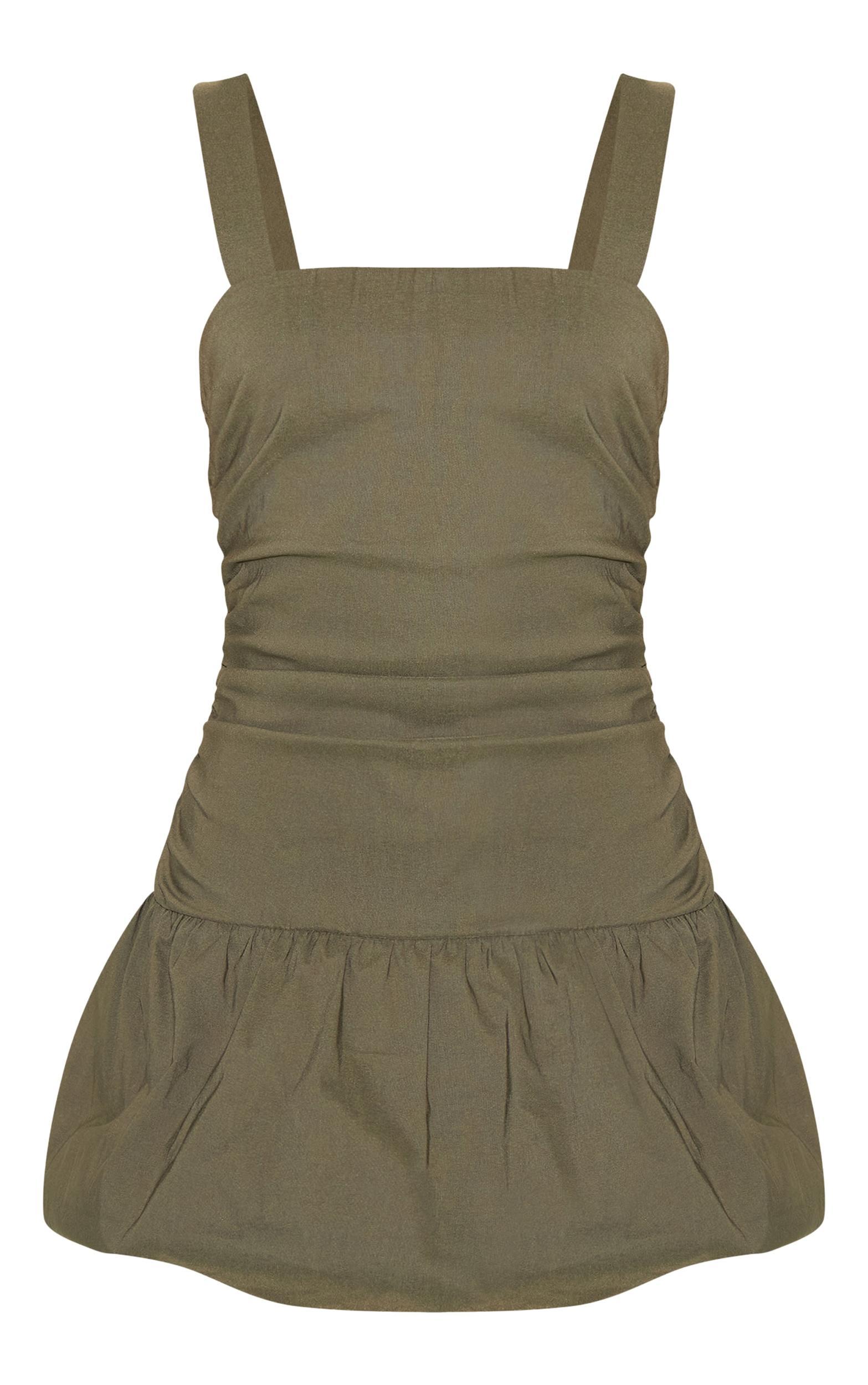  Khaki Strappy Ruched Puffball Dress Product Image