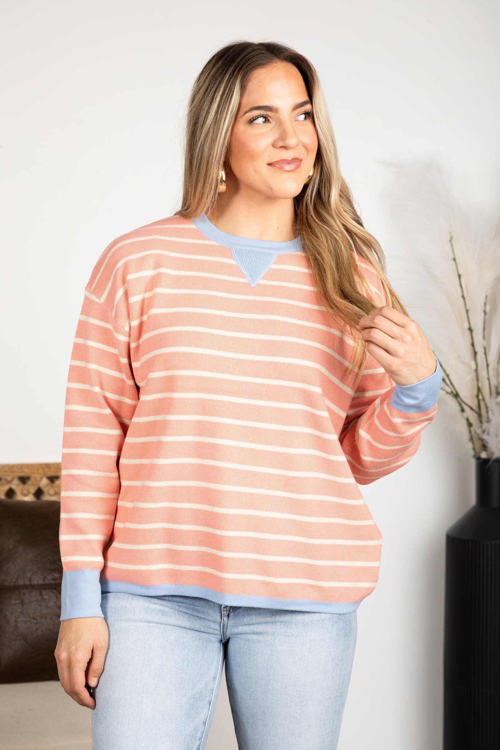 Oversized Striped Color Contrast Crew Neck Top Product Image