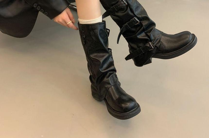 Faux-Leather Buckled Short Boots Product Image