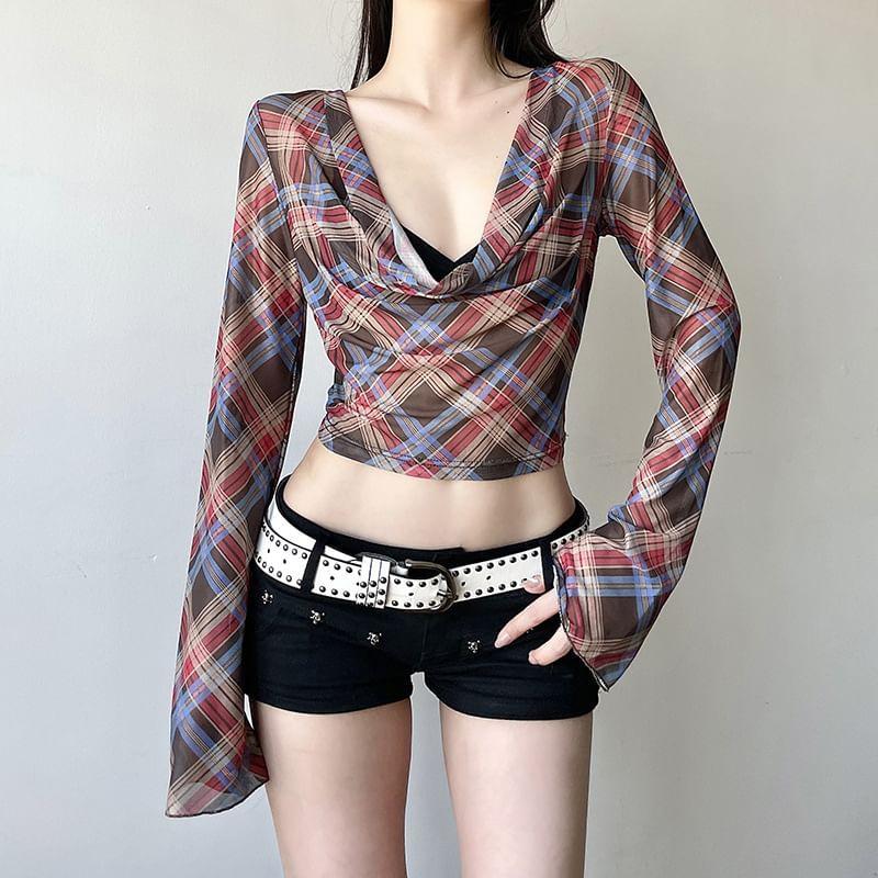 Flared-Sleeve Cowl Neck Plaid Cropped T-Shirt Product Image