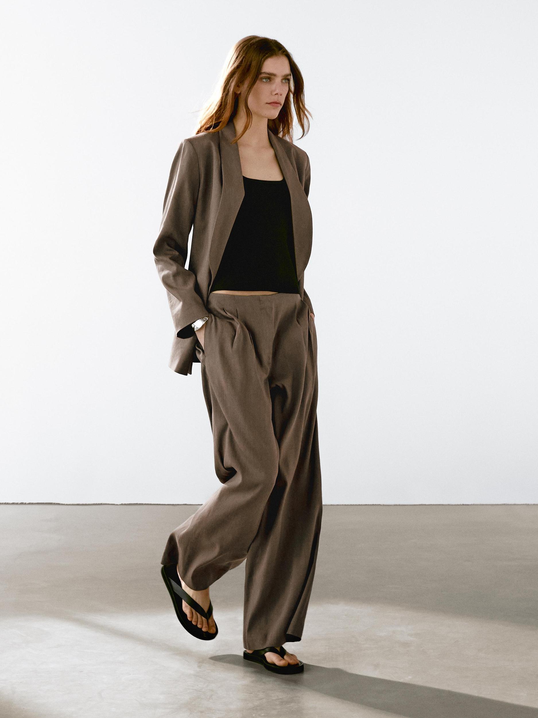 Linen blend straight-leg trousers with darts Product Image