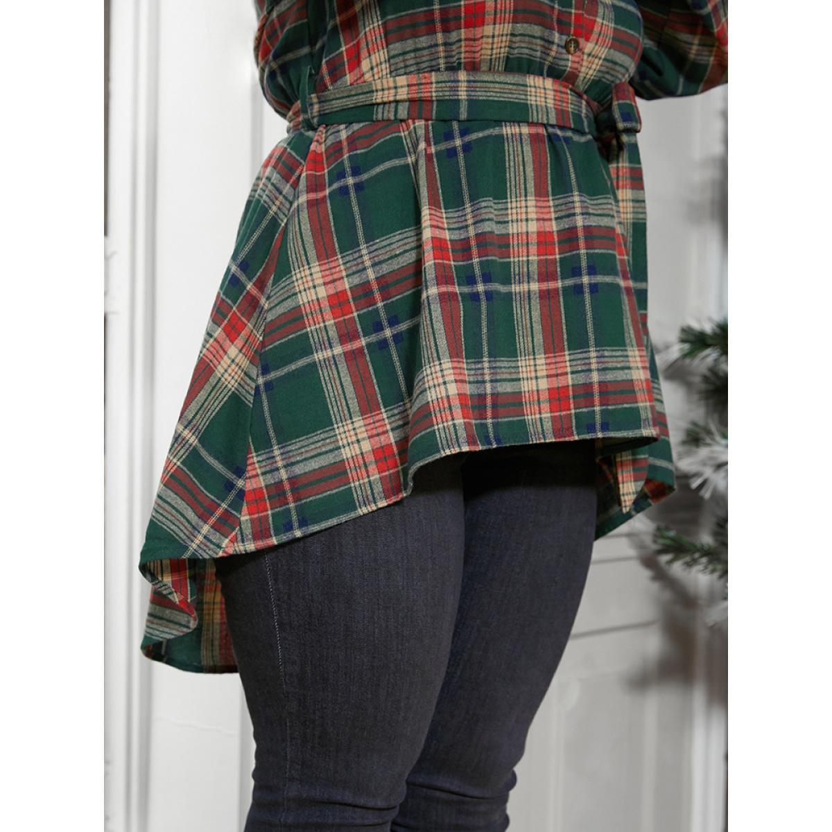 Plus Size Multicolor Plaid Shirt Collar Button Belted High Low Hem Blouse Women Casual Long Sleeve Shirt collar Everyday Blouses BloomChic 22-24/3X Product Image