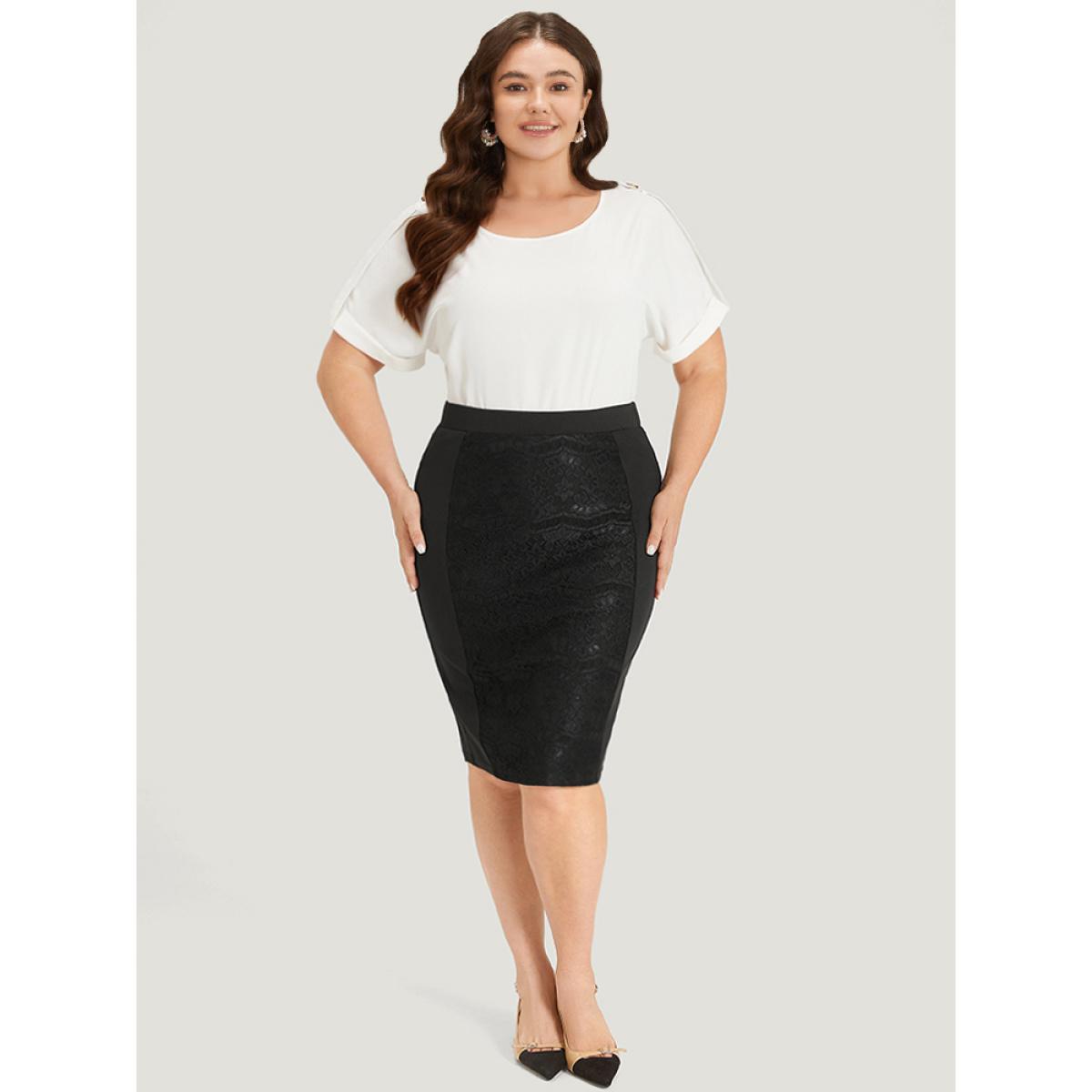 Plus Size Plain Guipure Lace Elastic Waist Skirt Women Black Office Patchwork Low stretch Work Skirts BloomChic 14-16/1X Product Image