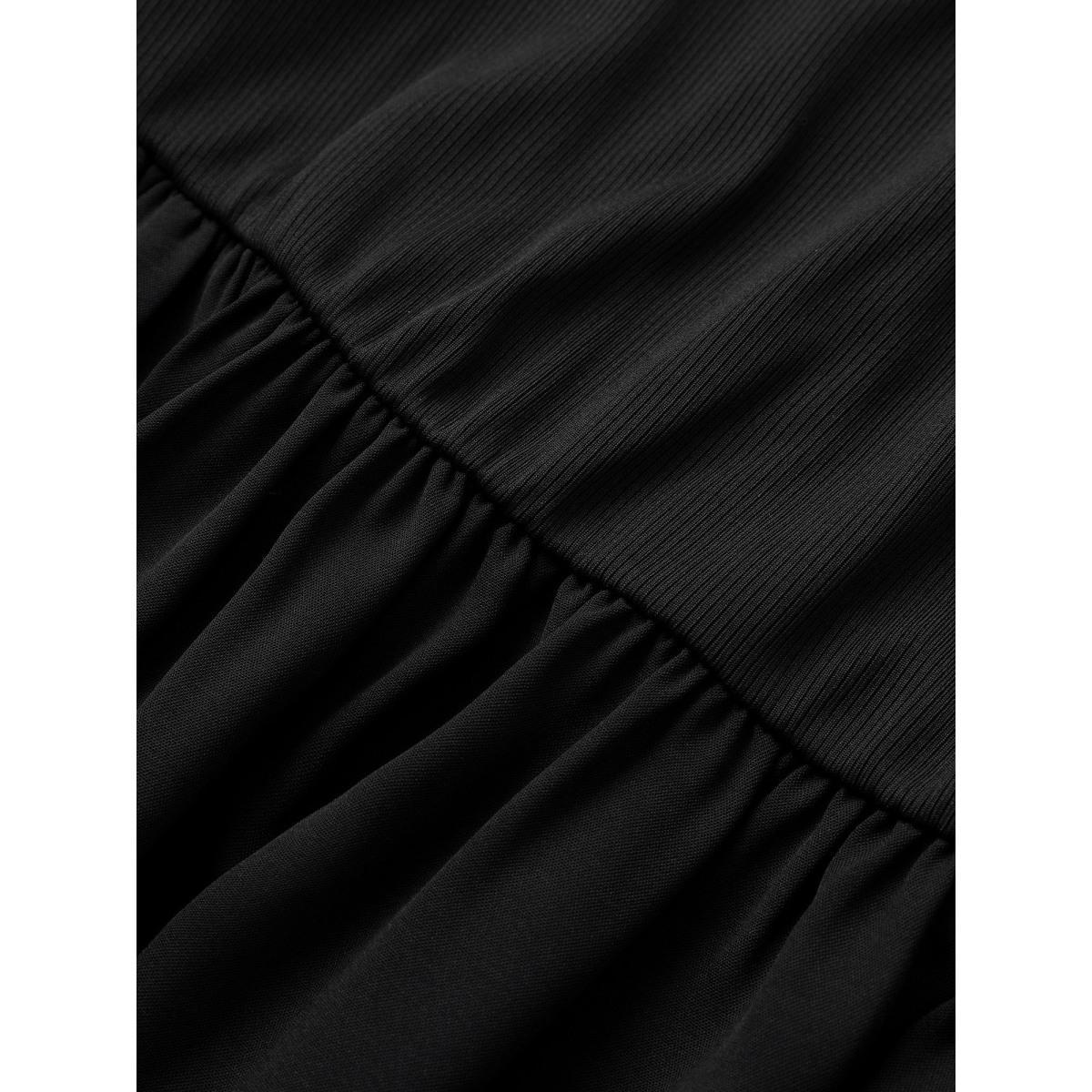 Plus Size Plain Square Neck Gathered Elastic Waist Dress Black Women Casual Non Square Neck Short sleeve Curvy Midi Dress BloomChic 28/5X Product Image