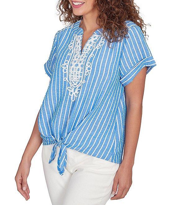 Ruby Rd. Petite Size Embroidered Stripe Split V-Neck Short Sleeve Tie-Front Top Product Image