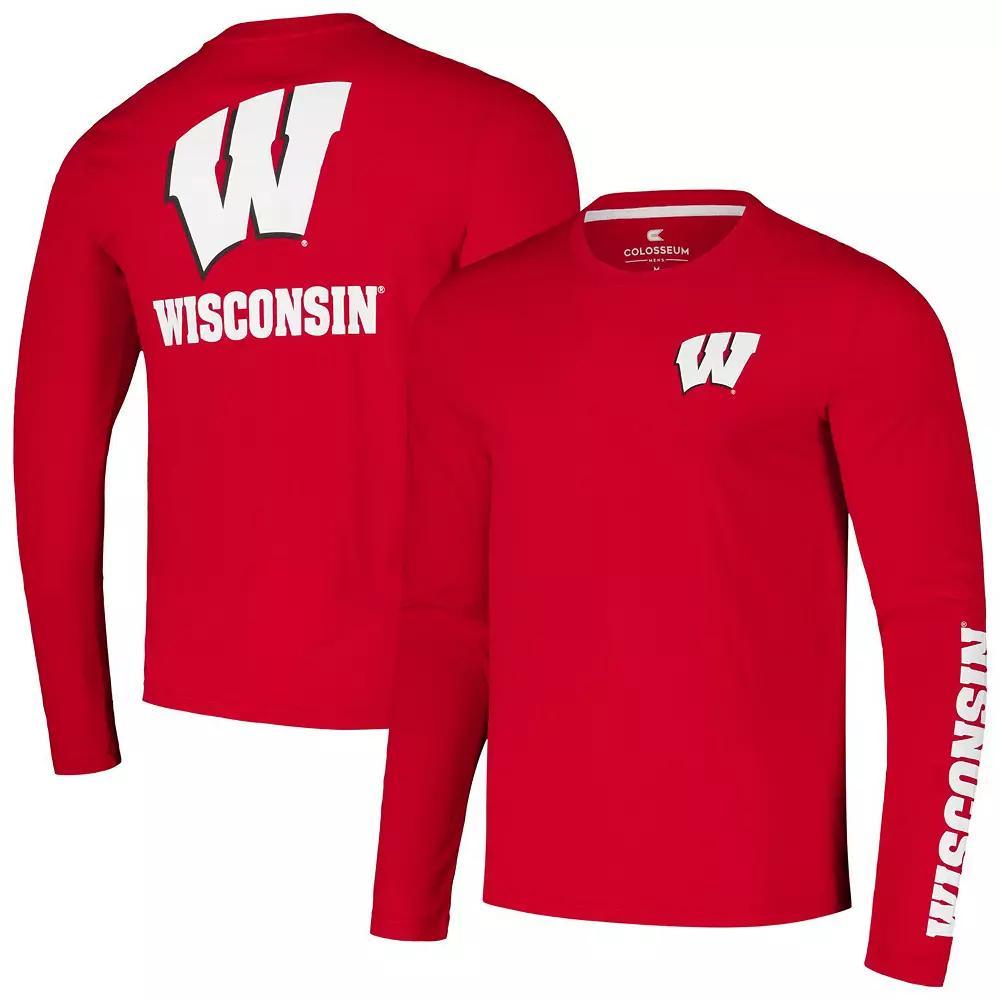 Men's Colosseum Red Wisconsin Badgers Logo Lockup 3-Hit Active Blend Long Sleeve T-Shirt, Size: 3XL Product Image