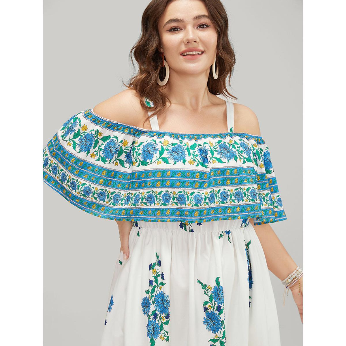 Plus Size Bandana Print Flutter Pocket Cold Shoulder Dress Blue Women Vacation Lined Cold Shoulder Sleeveless Curvy Midi Dress BloomChic 26/4X Product Image
