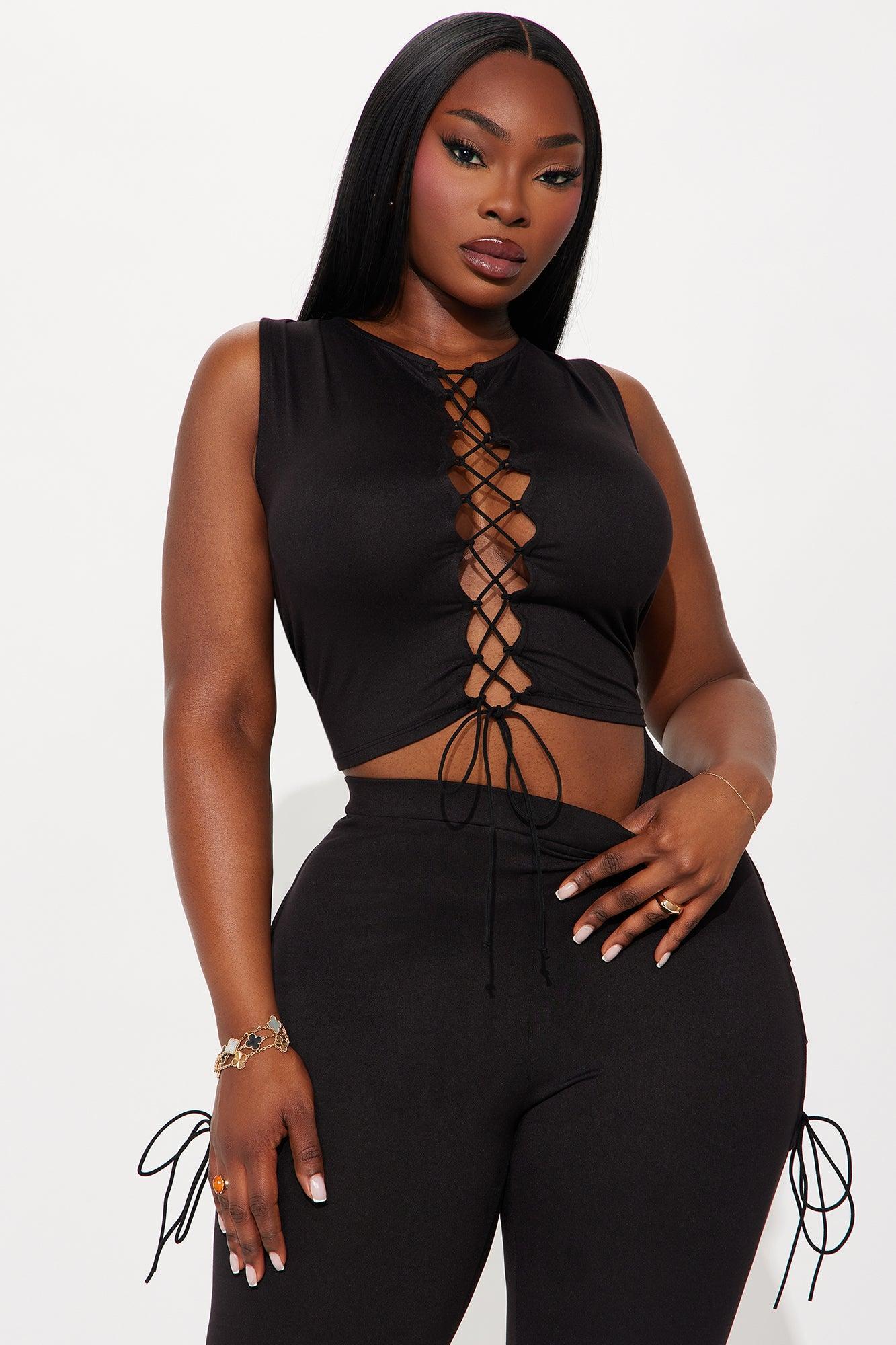 Emani Sleeveless Lace Up Flare Leg Pant Set - Black Product Image