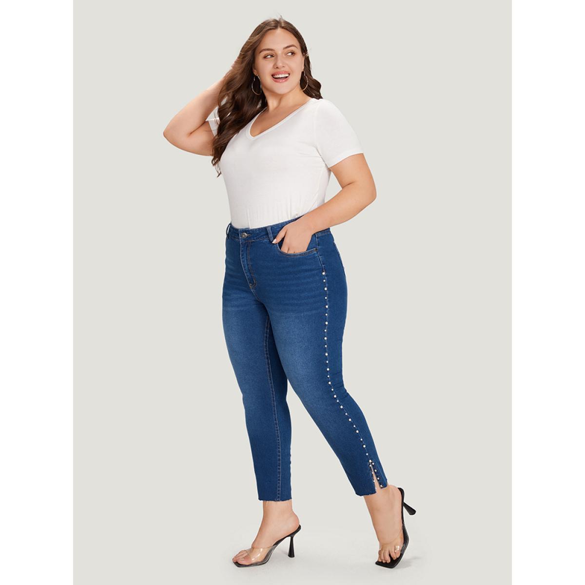 Plus Size Beaded Split Side Pocket High Rise Jeans Women Blue Elegant Plain Beaded High stretch Pocket Jeans BloomChic 22/3X Product Image