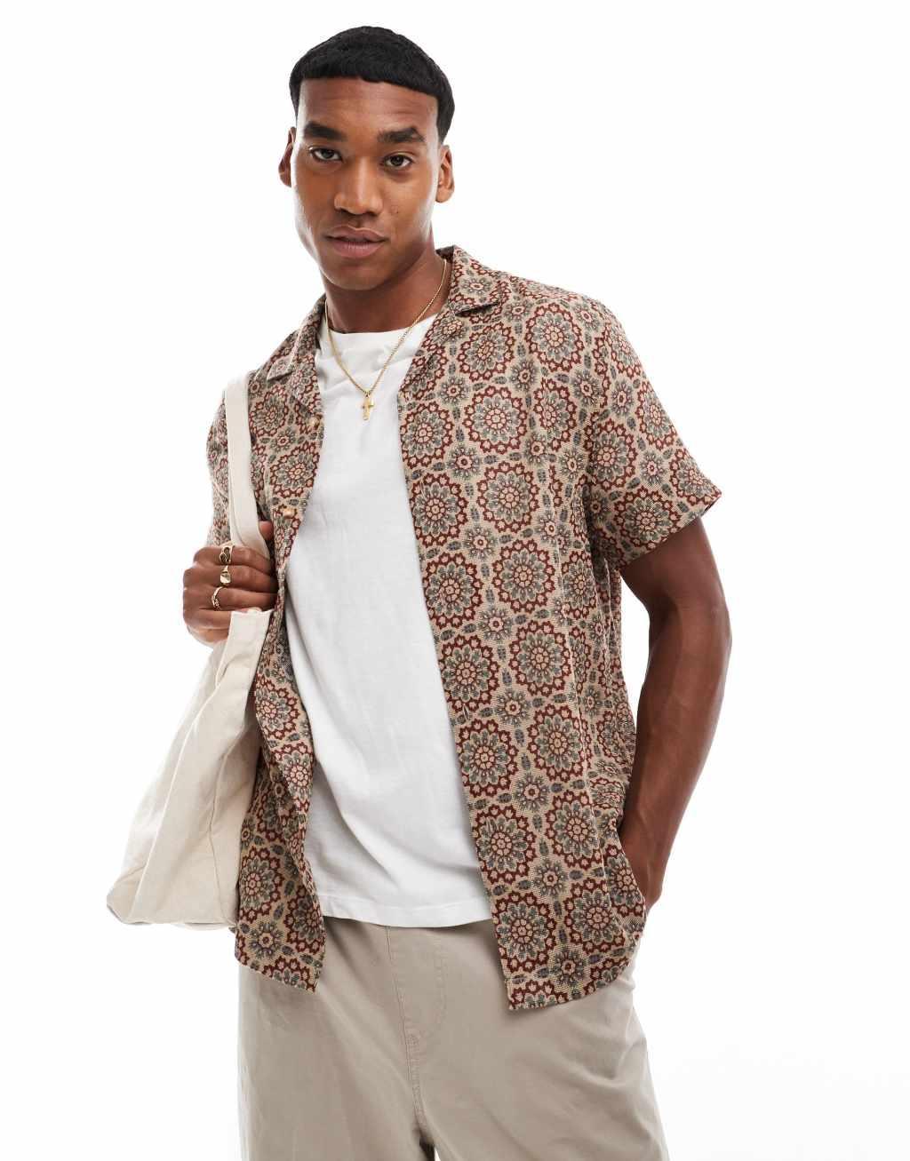 ASOS DESIGN relaxed camp collar textured shirt in geo print  Product Image