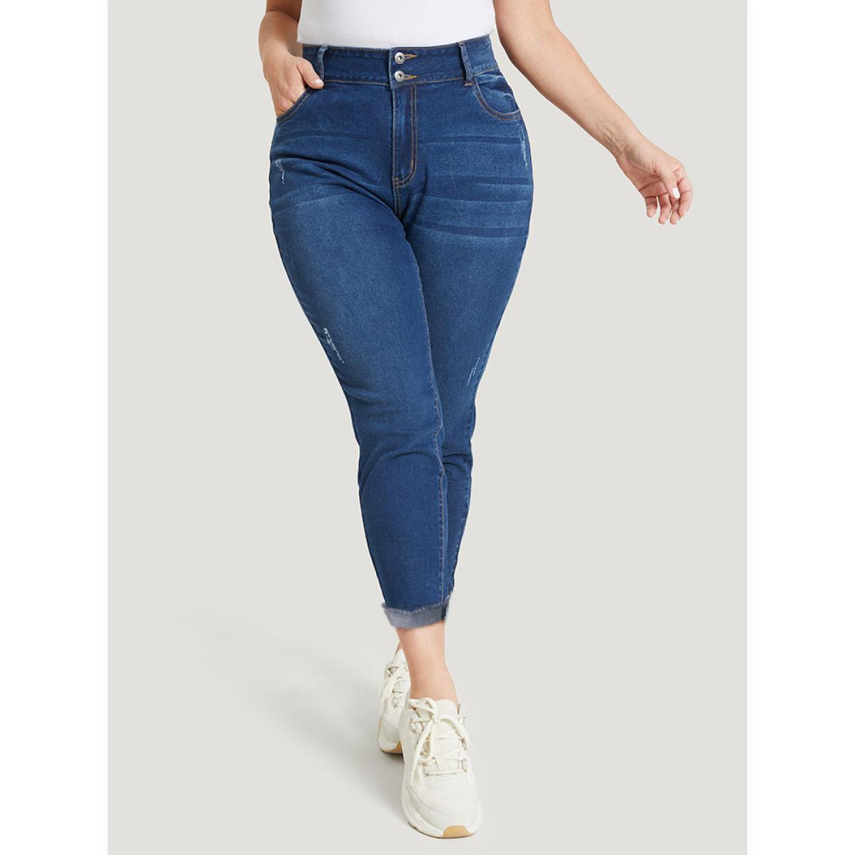 Plus Size Very Stretchy High Rise Distressed Detail Raw Hem Jeans Women Blue Casual Plain High stretch Pocket Jeans BloomChic 18/2X Product Image