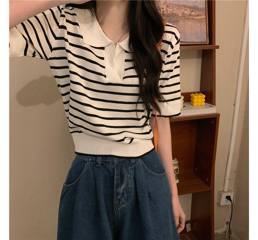 Short-Sleeve V-Neck Striped Knit Polo Shirt Product Image