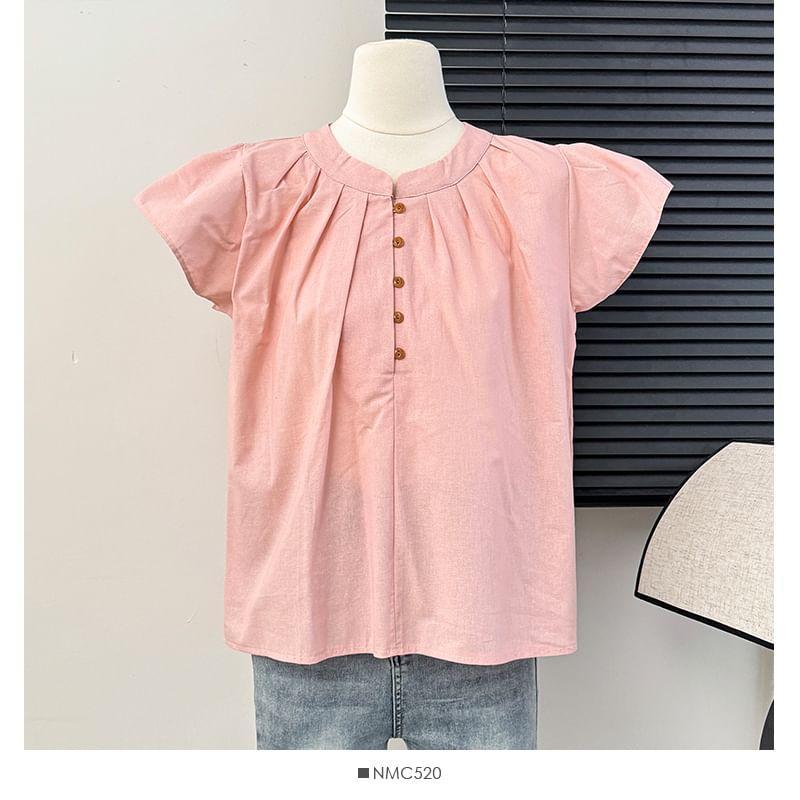 Cap-Sleeve Pleated Loose Blouse Product Image