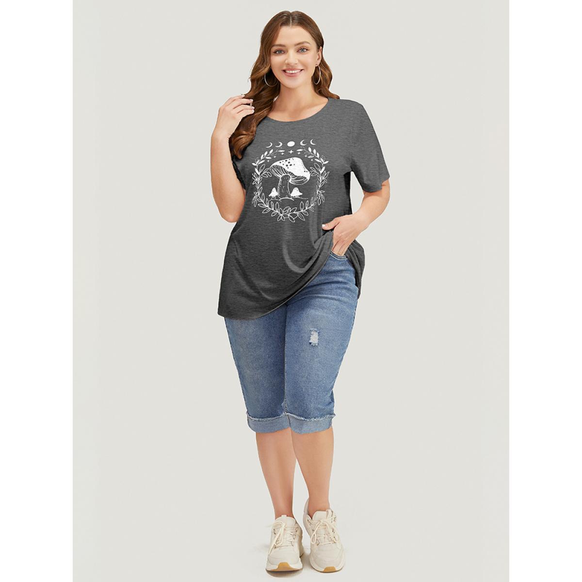 Plus Size Mushroom & Moon Print Short Sleeve Crew Neck T-shirt DimGray Women Casual Natural Flowers Dailywear T-shirts BloomChic 26/4X Product Image