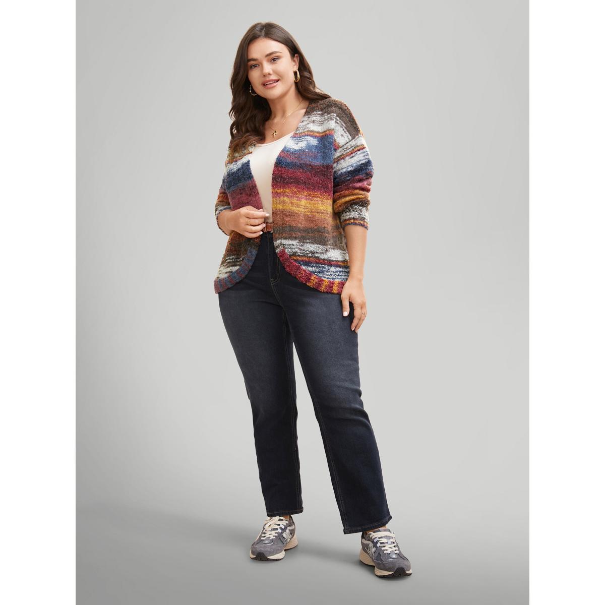 Plus Size Ombre Open Front Curved Hem Cardigan Multicolor Women Casual Loose Long Sleeve Everyday Cardigans BloomChic 12/L Product Image