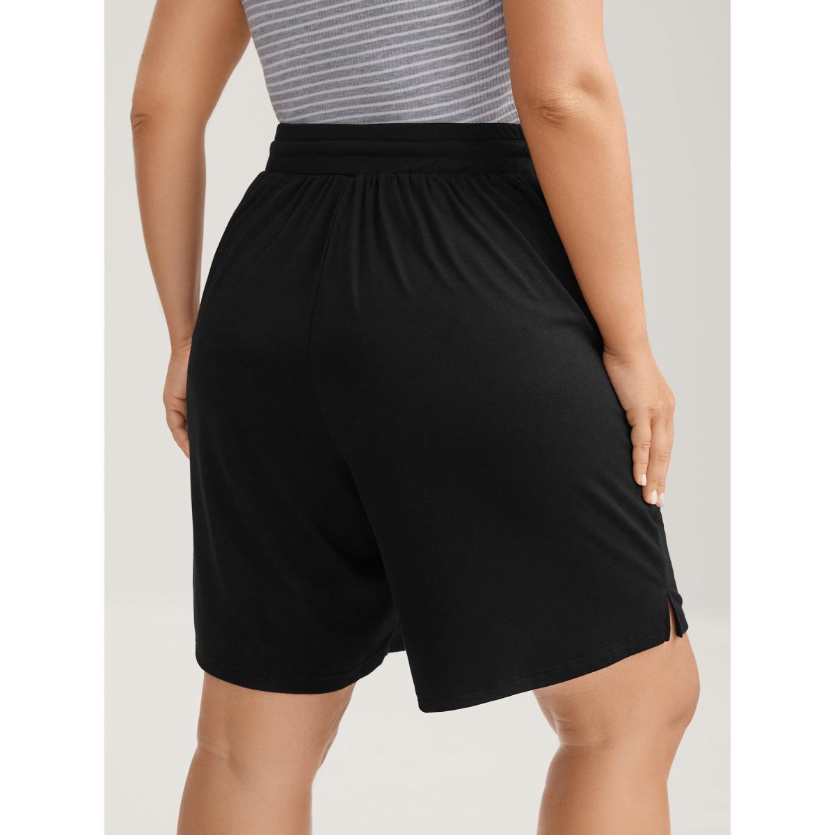 Plus Size Stretchy Slit Drawstring Straight-Leg Shorts Women Black Casual Drawstring Straight Leg Everyday-Casual Shorts BloomChic 12/L Product Image