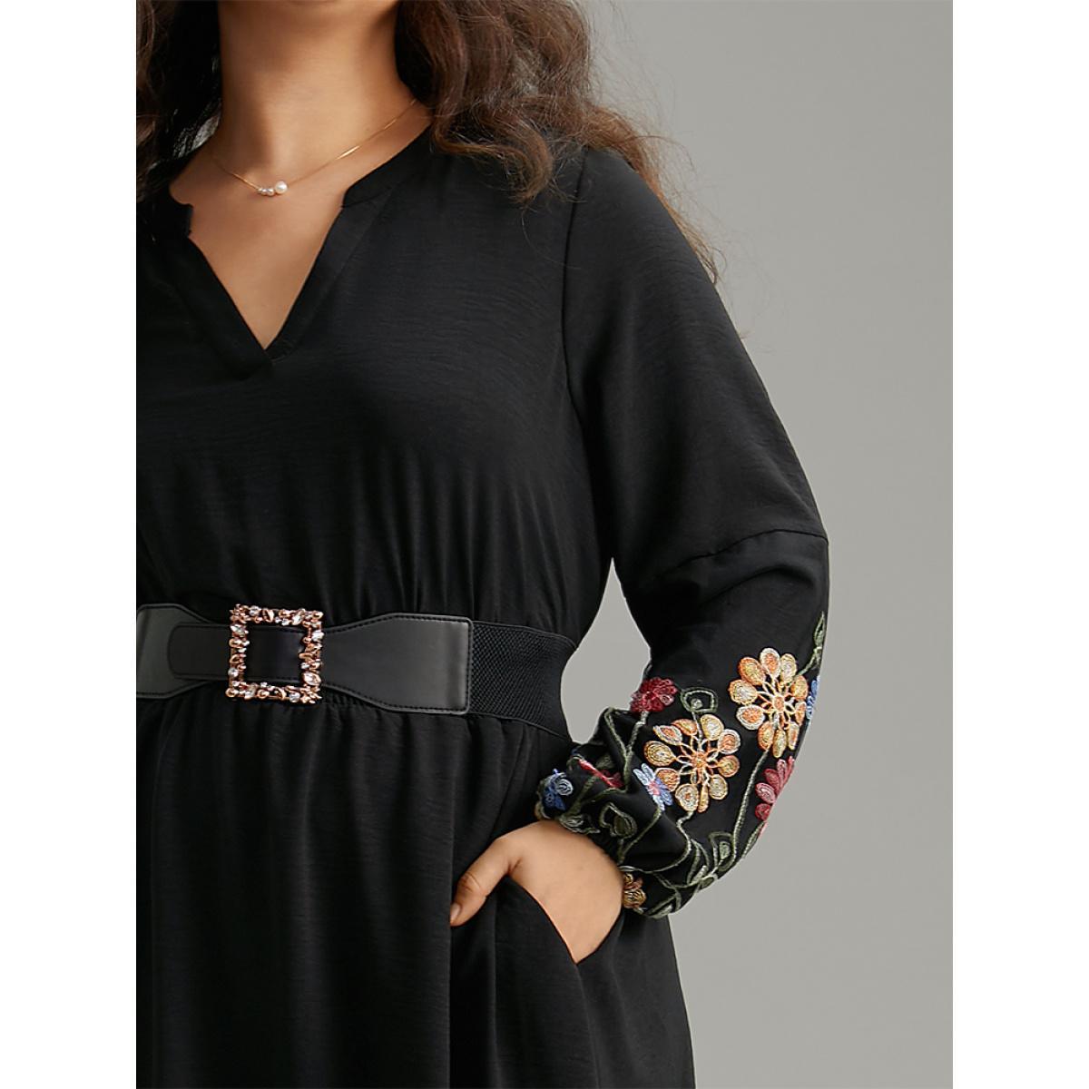 Plus Size Floral Embroidered Notched Midi Dress Black Women Elegant Elastic cuffs Notched collar Long Sleeve Curvy Midi Dress BloomChic 22-24/3X Product Image