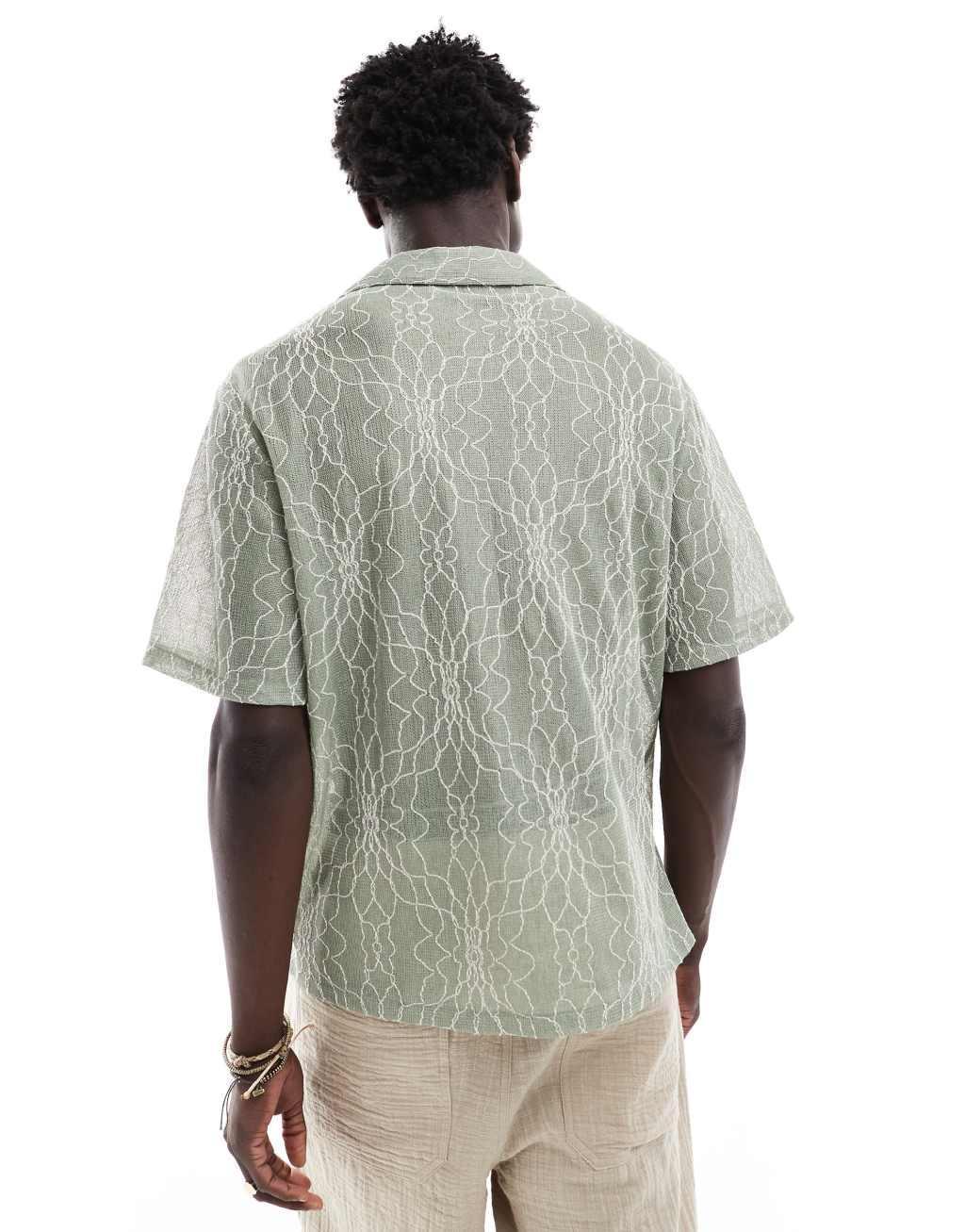ASOS DESIGN relaxed camp collar shirt with floral embroidery in sage Product Image