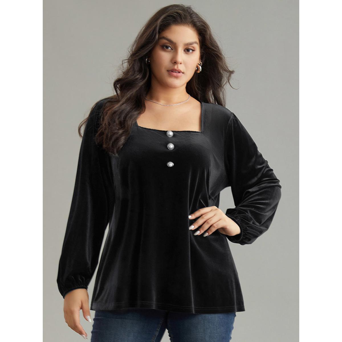 Plus Size Black Velvet Metal Button Detail Blouse Women Elegant Long Sleeve Square Neck Dailywear Blouses BloomChic 10/M Product Image