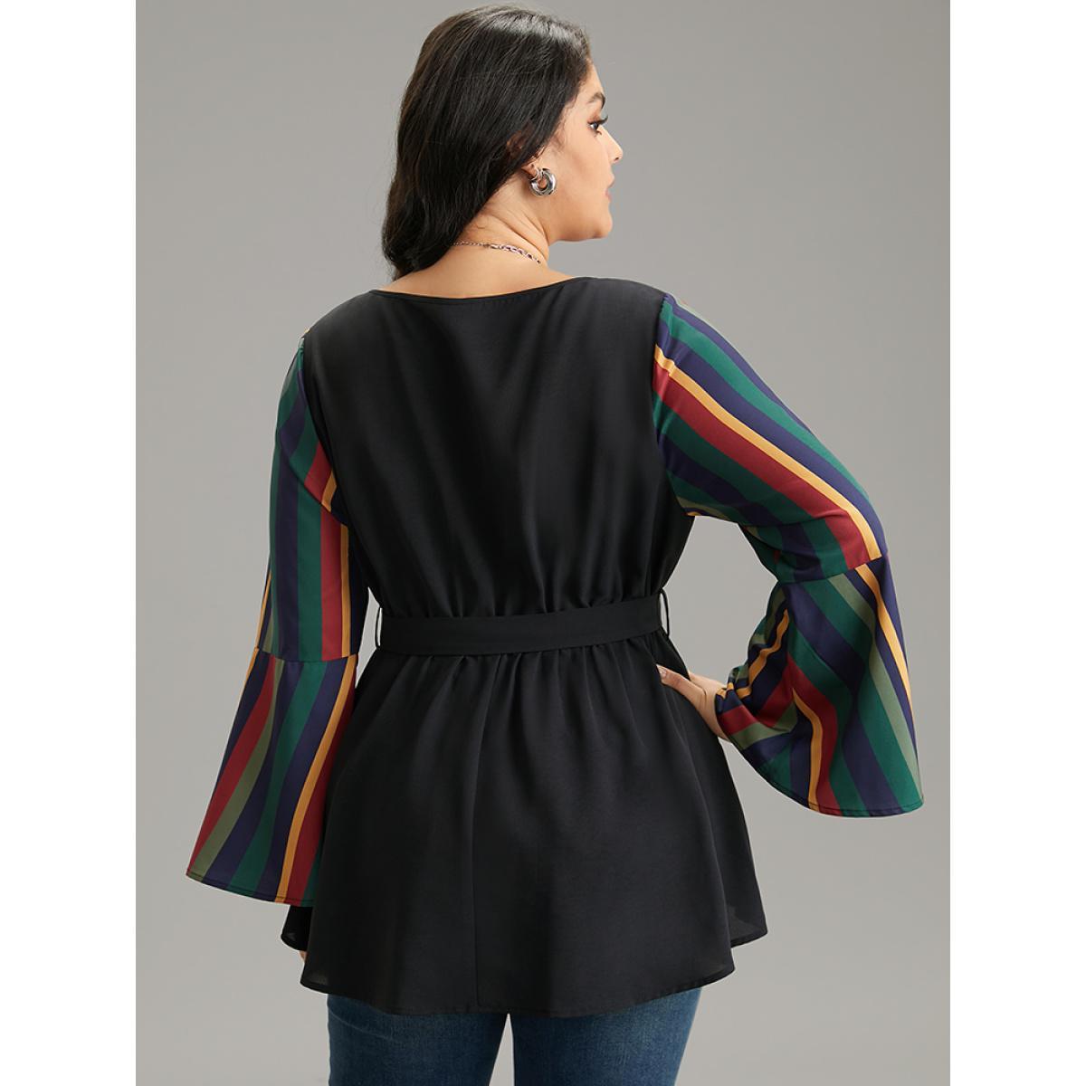 Plus Size Black Striped Patchwork Belted Bell Sleeve Blouse Women Vacation Long Sleeve Round Neck Vacation Blouses BloomChic 28/5X Product Image