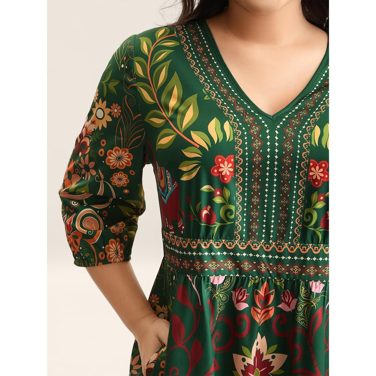 Plus Size Boho Print V-Neck Pockets Midi Dress Truegreen Women Resort Non V-neck Elbow-length sleeve Curvy BloomChic 22-24/3X Product Image