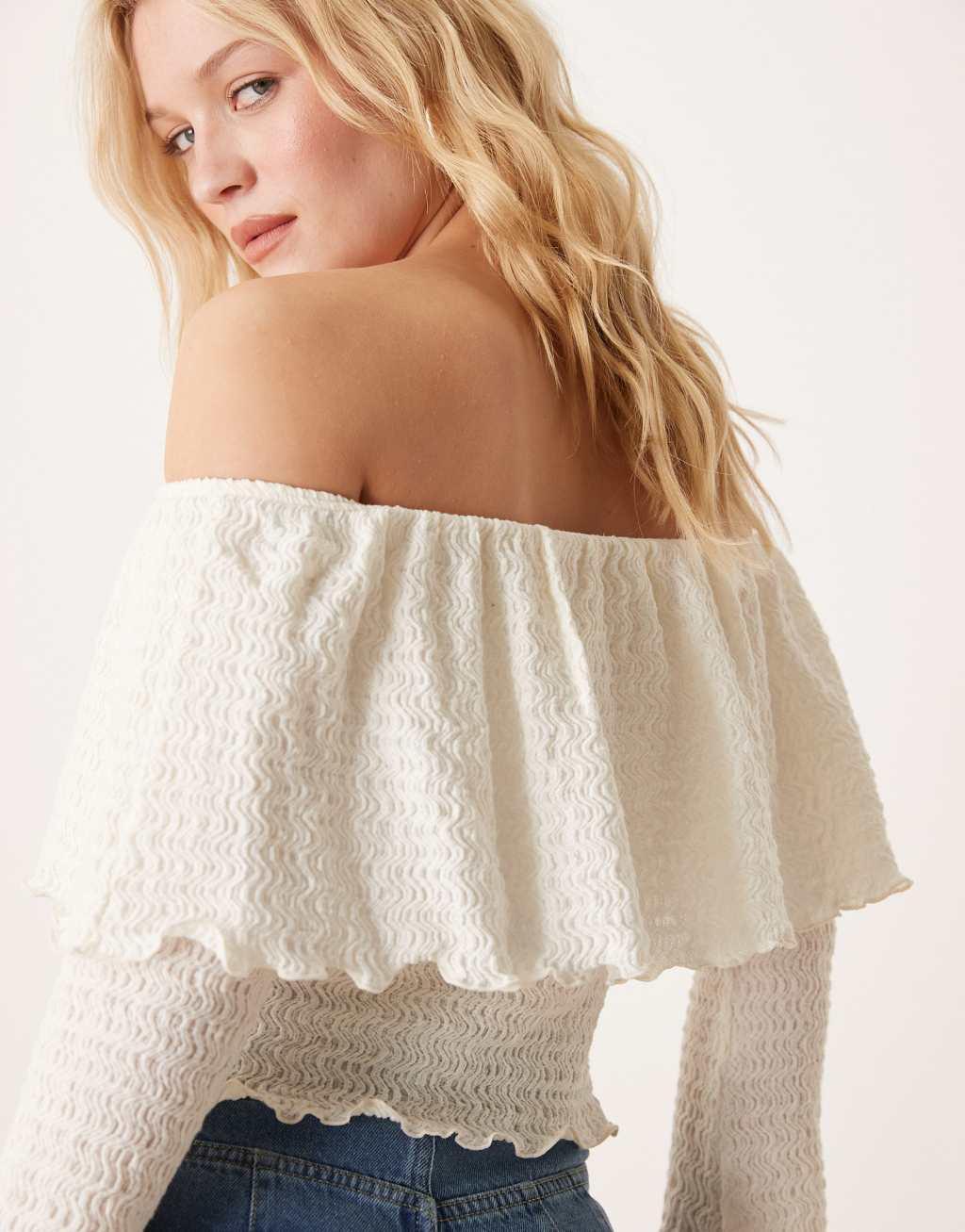 ASOS DESIGN wavy textured bardot top with fluted cuff detail in cream Product Image
